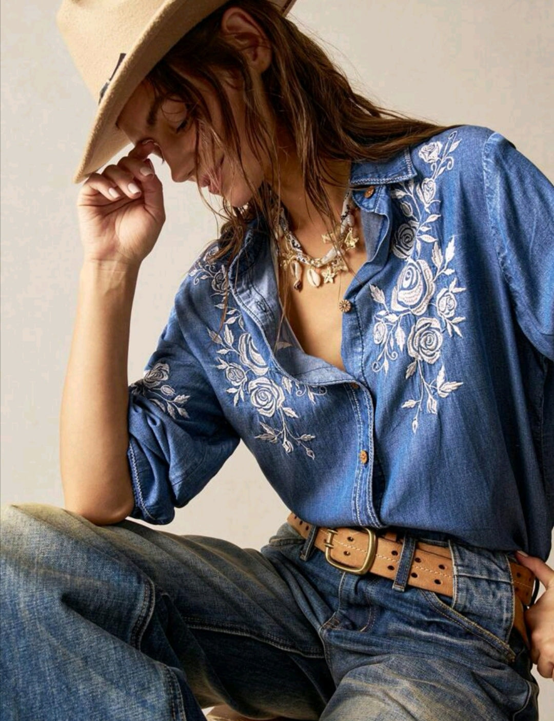 Embroidered denim shirt